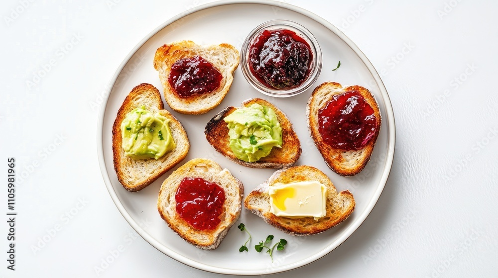 A beautifully arranged plate of golden-brown toasted bread slices topped with various spreads like butter, jam, and avocado, set against a bright white background for a fresh and inviting look.