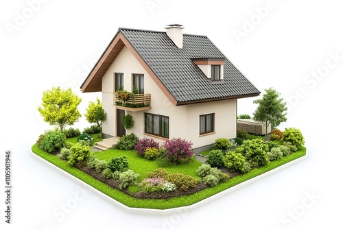 Isolated model of cozy, green-roofed family home with garden