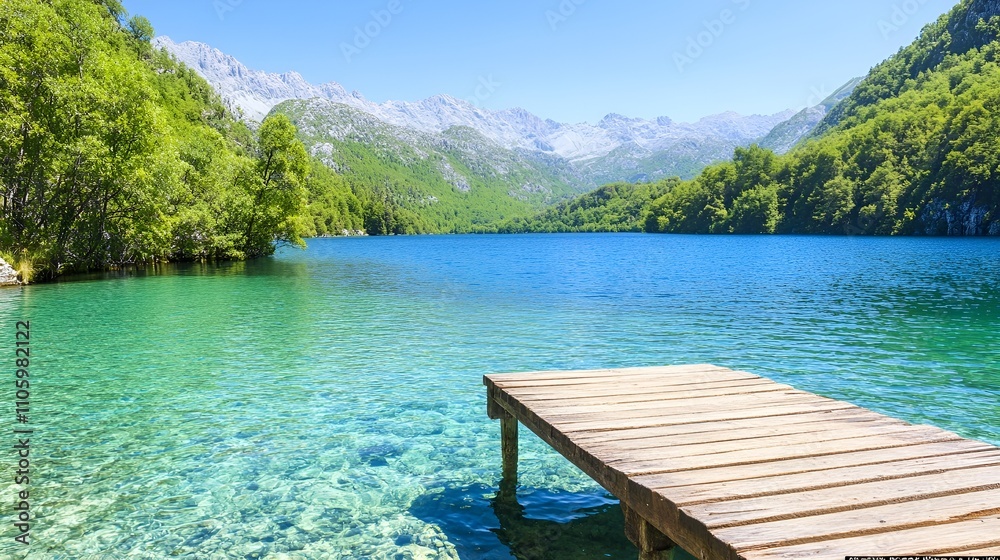Serene lakeside with clear lake, forest, and mountains Serene lakeside with clear lake, forest, and mountains