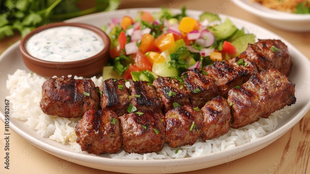 A beautifully arranged plate of kebabs with a side of rice, fresh salad, and tangy yogurt sauce, highlighting the colorful ingredients and the art of presentation in a cozy restaurant setting. A beautifully arranged plate of kebabs with a side of rice, fresh salad, and tangy yogurt sauce, highlighting the colorful ingredients and the art of presentation in a cozy restaurant setting.