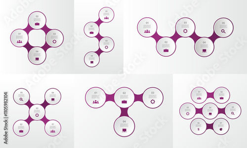 Set of creative violet infographic templates with 4, 5 and 7 options, parts, steps or processes.