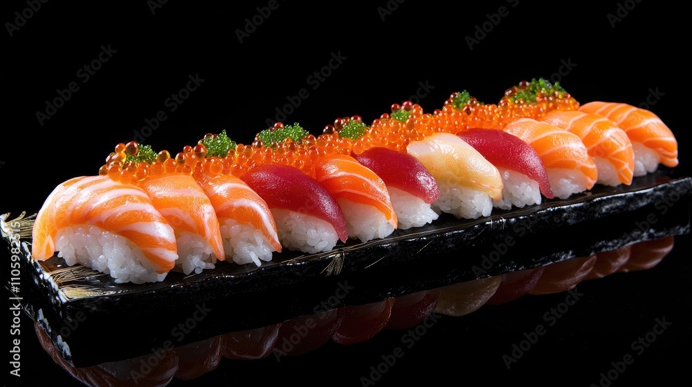 A beautifully arranged sushi platter featuring vibrant shrimp roe on top of nigiri, showcasing the glossy texture and rich colors of this delicacy, perfect for seafood lovers A beautifully arranged sushi platter featuring vibrant shrimp roe on top of nigiri, showcasing the glossy texture and rich colors of this delicacy, perfect for seafood lovers