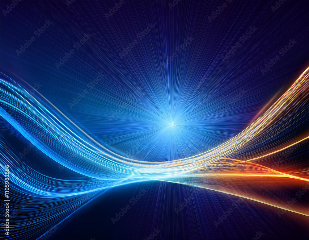 Abstract glowing wave lines on dark blue background.