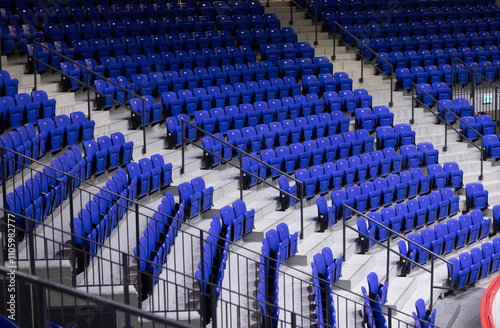 Gradins, aréna, sièges, bancs, bleus, intérieur, horizontal photo