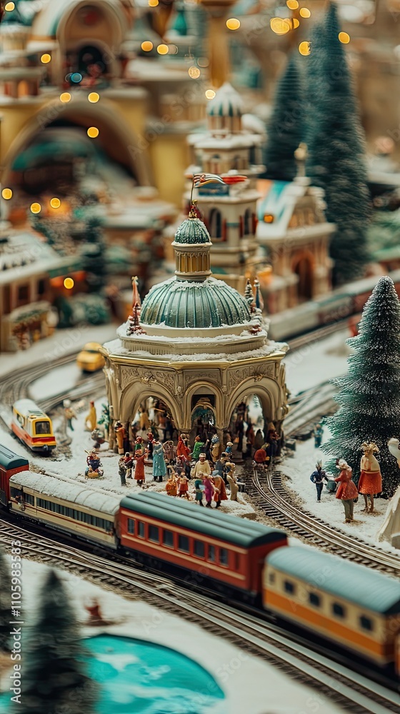 Fototapeta premium A whimsical Christmas train station display featuring podiums shaped like train platforms surrounded by toy trains and miniature travelers.