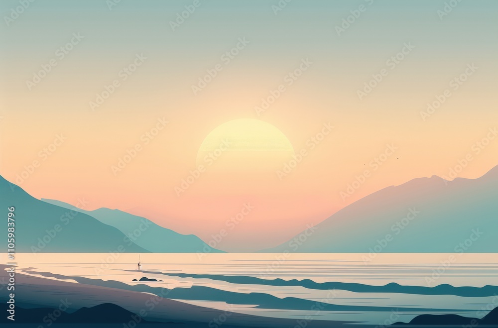 Obraz premium A serene sunset over calm mountains and ocean.