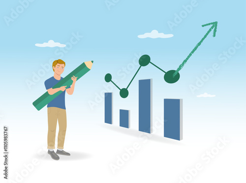 presentation of best performance, growing graph, if you are different you will stand out, search for the best results and research, employee crossing out the graph with a green arrow pointing up