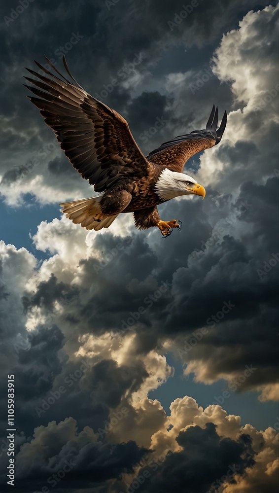 Obraz premium Eagle soaring through a dramatic sky, symbolizing strength.