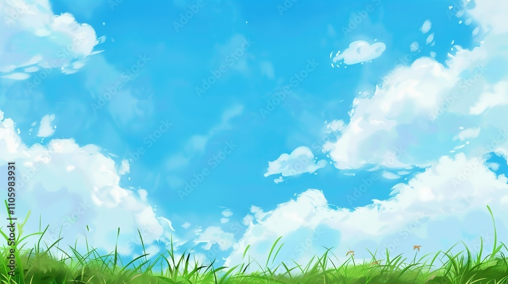 Fototapeta premium Blue Sky and White Clouds with Grass Background Image