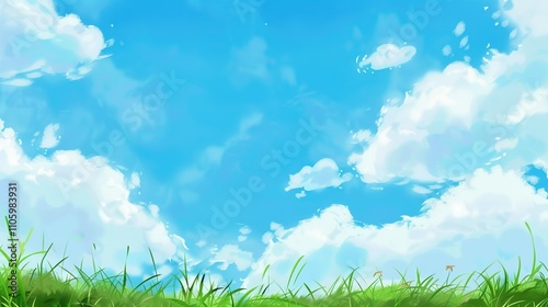 Blue Sky and White Clouds with Grass Background Image