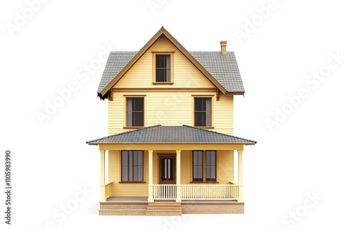 Yellow suburban house with porch and attic windows