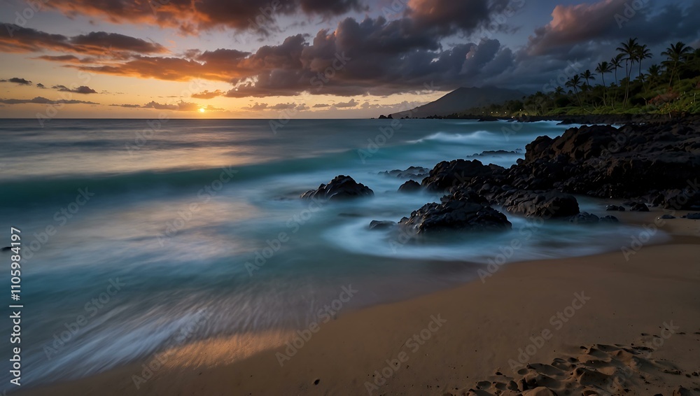 Obraz premium Early morning at Maui’s shores, Hawaii, captured in long exposure.