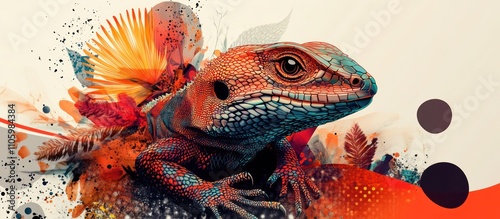 A colorful lizard with intricate details and bold colors against a splash of orange, red, and black watercolor background. photo