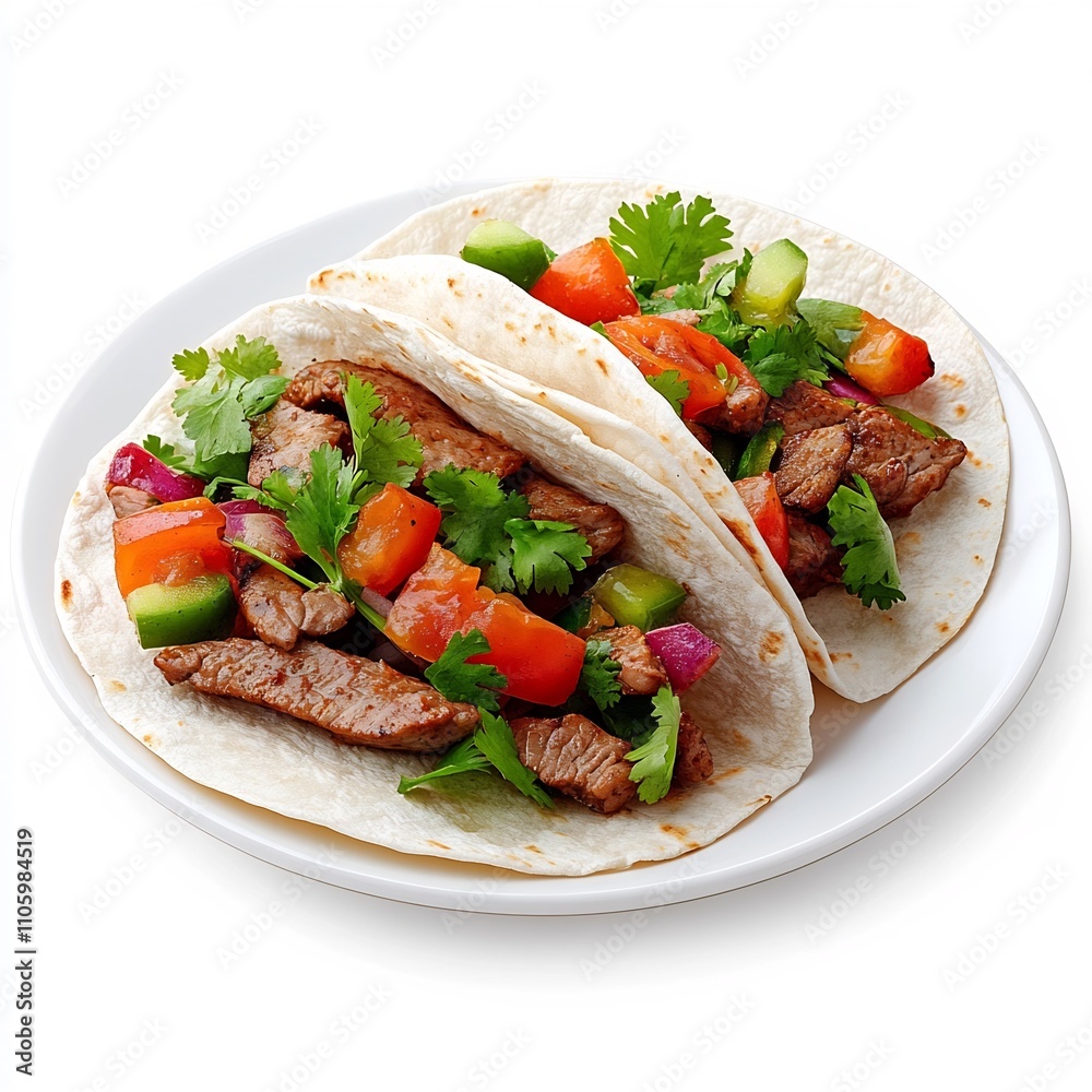 Sizzling Fajitas Dish with Tortilla Beef Vegetables on White Background Sizzling Fajitas Dish with Tortilla Beef Vegetables on White Background