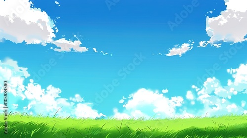 Blue Sky and White Clouds with Grass Background Image