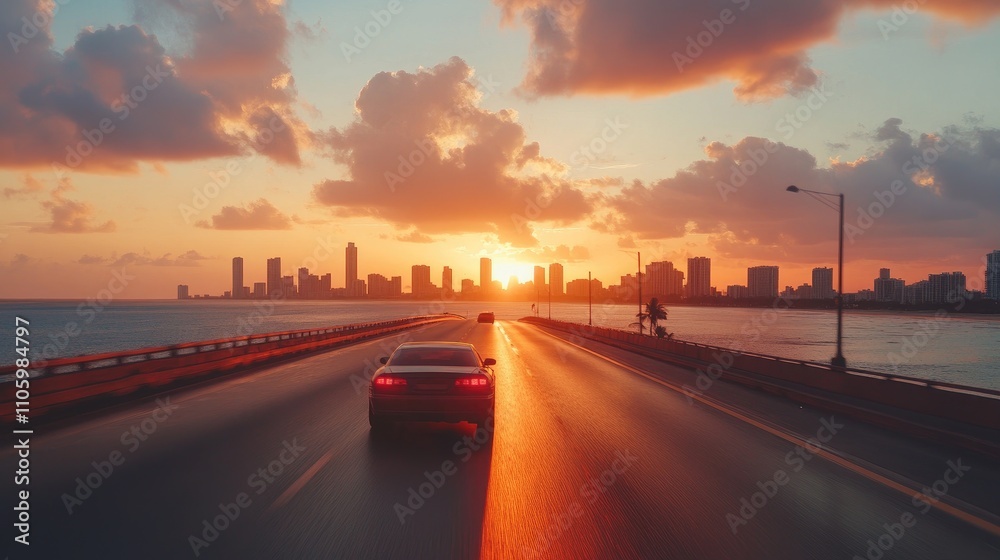 A car cruising down a coastal highway at sunset, with the ocean on one side and a new city skyline in the distance, ready for exploration