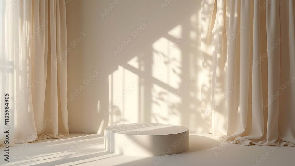 Minimal podium on a background with leaf shadows perfect for elegant product presentations Minimal podium on a background with leaf shadows perfect for elegant product presentations