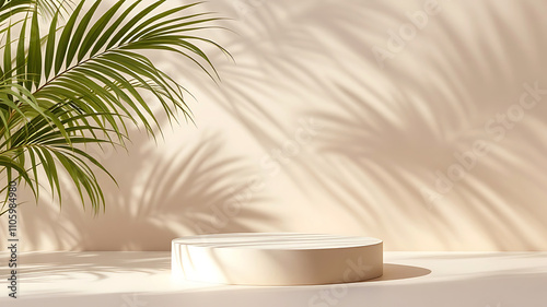 Minimal podium on a background with leaf shadows perfect for elegant product presentations