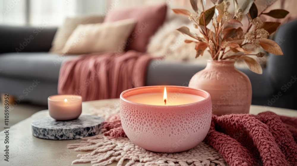 Cozy Living Room Setting Featuring Burning Candles and Dried Flowers Cozy Living Room Setting Featuring Burning Candles and Dried Flowers