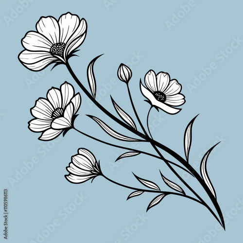 Black and white line art flower illustration with blooming flowers on light blue background