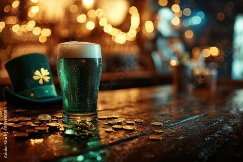 Close-up of a glass of cold green beer on a wooden table in a pub, surrounded by St. Patrick's Day decorations such as a shamrock, gold coins and a leprechaun hat.