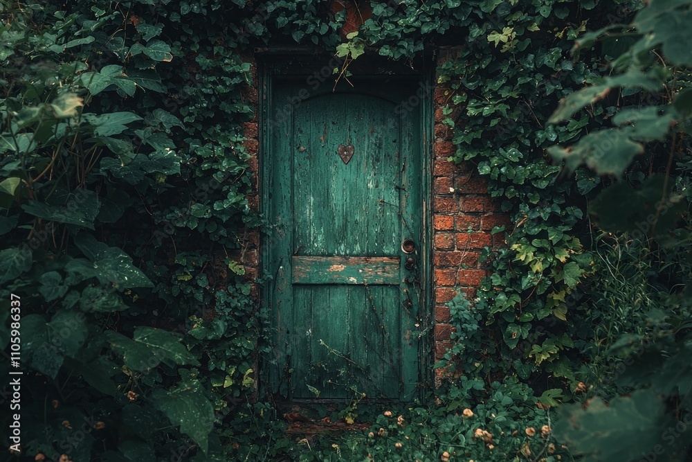 old door stands crumbling wall hidden thick vines symbolizing eerie beauty decay and natures relentless takeover abandoned spaces. old door stands crumbling wall hidden thick vines symbolizing eerie beauty decay and natures relentless takeover abandoned spaces.