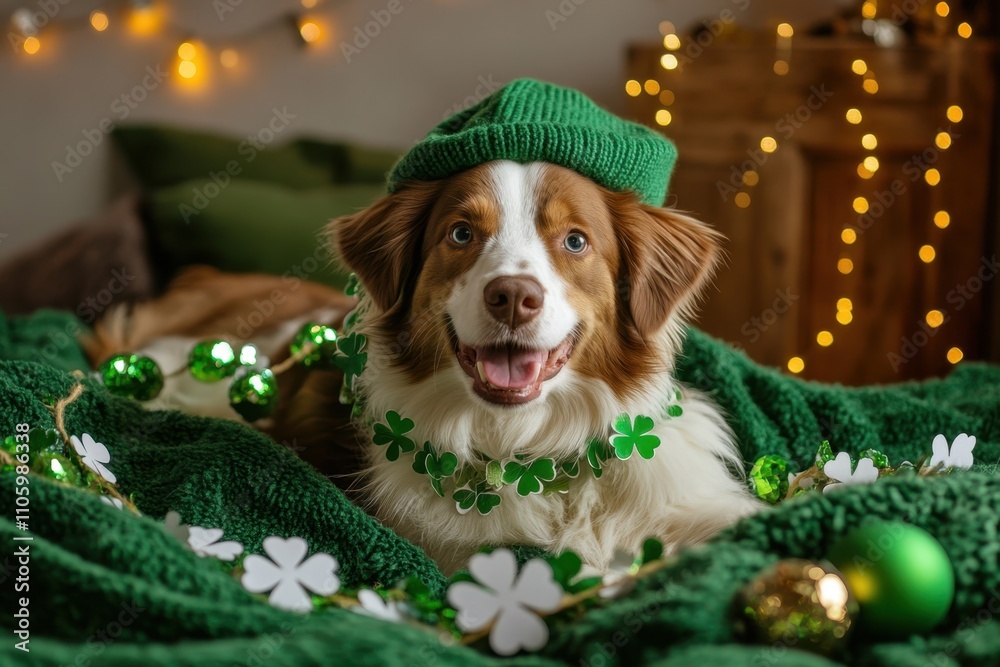 A dog is sleeping on a soft green blanket, surrounded by holiday decorations, such as a green hat and party favors. A dog is sleeping on a soft green blanket, surrounded by holiday decorations, such as a green hat and party favors.