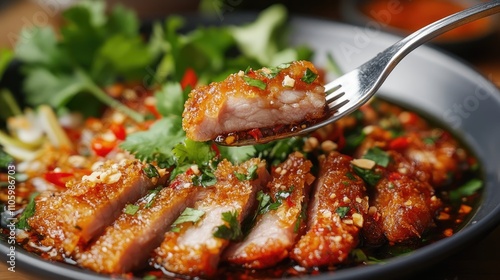 A close-up of a forkful of fried pork belly being dipped into a spicy sauce, with fresh herbs and garnishes in the background, capturing the essence of Thai flavor. photo