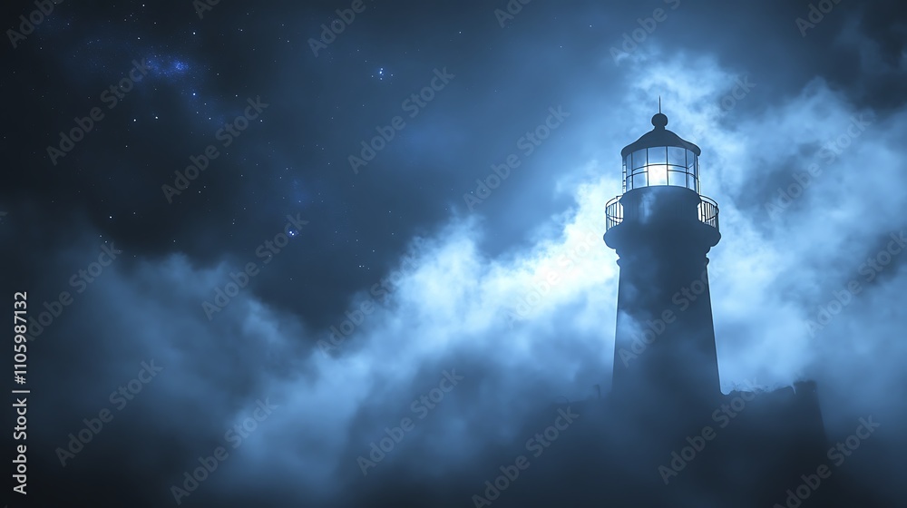 Lonesome Lighthouse Shines Brightly In Night Fog