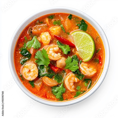 Macro Shot of Spicy Tom Yum Goong Thai Shrimp Soup on White Background