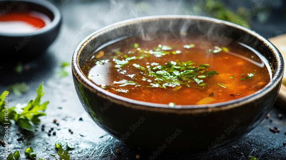 A close-up of a steaming bowl of shabu-shabu broth garnished with herbs and spices, with a side of dipping sauces, highlighting the rich flavors and inviting aromas of the dish. A close-up of a steaming bowl of shabu-shabu broth garnished with herbs and spices, with a side of dipping sauces, highlighting the rich flavors and inviting aromas of the dish.
