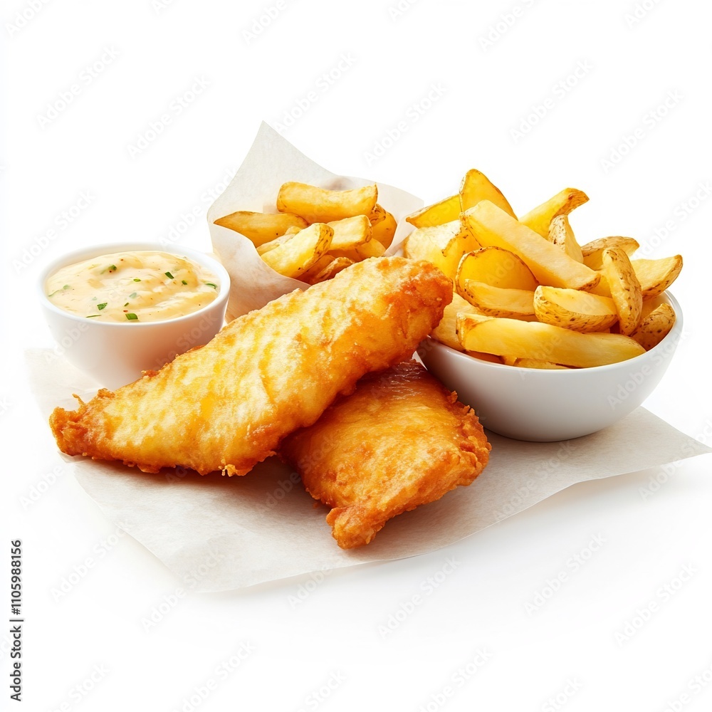 Freshly Fried Cod Fish and Crispy Golden Potato Chips on White Background Freshly Fried Cod Fish and Crispy Golden Potato Chips on White Background