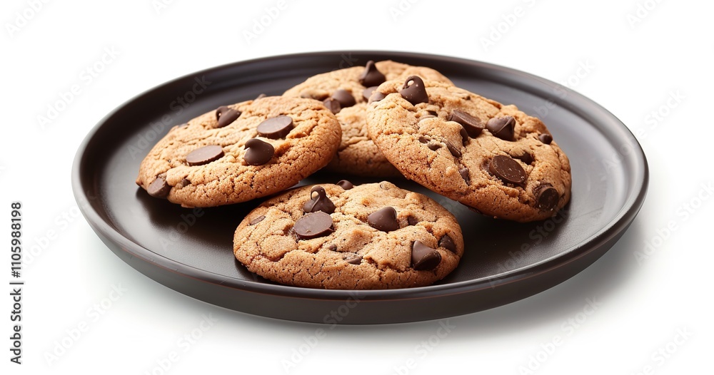 Candy gingerbread chocolate chip on a white background with a black plate, Generative AI. Candy gingerbread chocolate chip on a white background with a black plate, Generative AI.