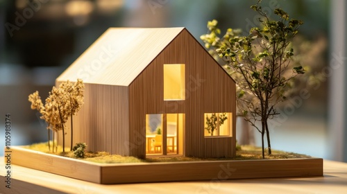 Wooden house model with zero percent symbol for affordable housing theme photo