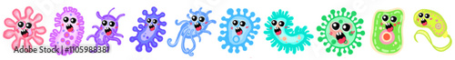 Bacteria and germ in circle. Bacterias, disease cells and germs in round frame. Human diseases cartoon vector illustration set. Bacteria biology, bacterium virus, microorganism infection