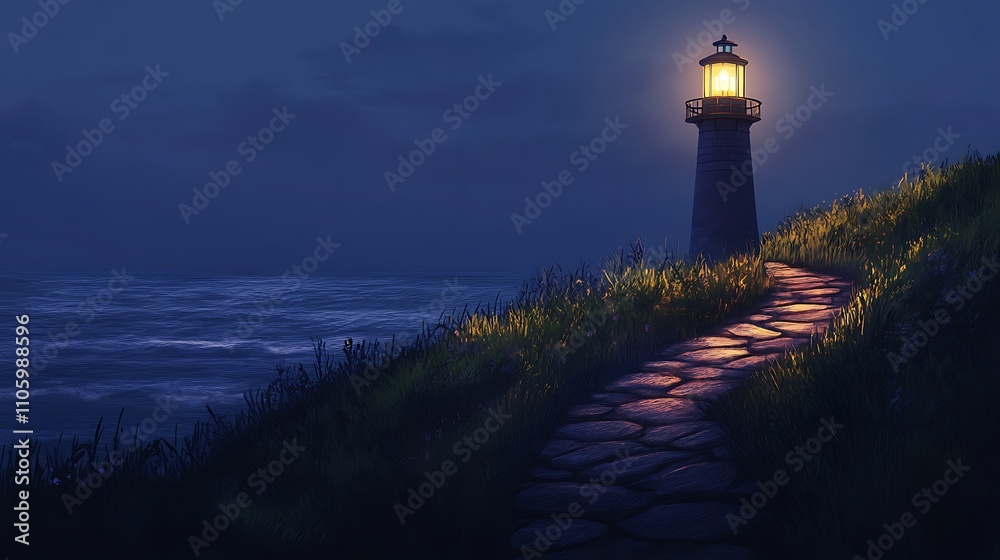 Nighttime Lighthouse Guiding Path Overlooking Ocean Nighttime Lighthouse Guiding Path Overlooking Ocean