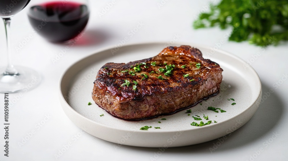 A close-up of a well-cooked steak resting on a plate, garnished with fresh herbs and accompanied by a glass of red wine, highlighting the elegance of a fine dining experience against a white backdrop. A close-up of a well-cooked steak resting on a plate, garnished with fresh herbs and accompanied by a glass of red wine, highlighting the elegance of a fine dining experience against a white backdrop.