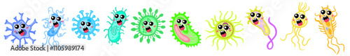Bacteria and germ in circle. Bacterias, disease cells and germs in round frame. Human diseases cartoon vector illustration set. Bacteria biology, bacterium virus, microorganism infection
