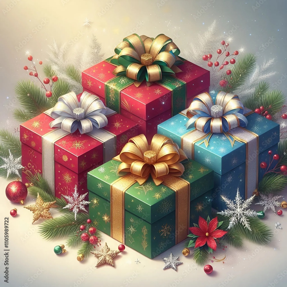 A composition featuring Christmas presents wrapped in colorful boxes. A composition featuring Christmas presents wrapped in colorful boxes.