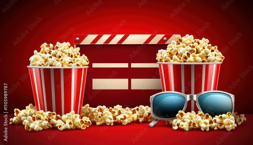 Two striped popcorn buckets, sunglasses, and a clapperboard on a red background, evoking a cinematic experience. Two striped popcorn buckets, sunglasses, and a clapperboard on a red background, evoking a cinematic experience.