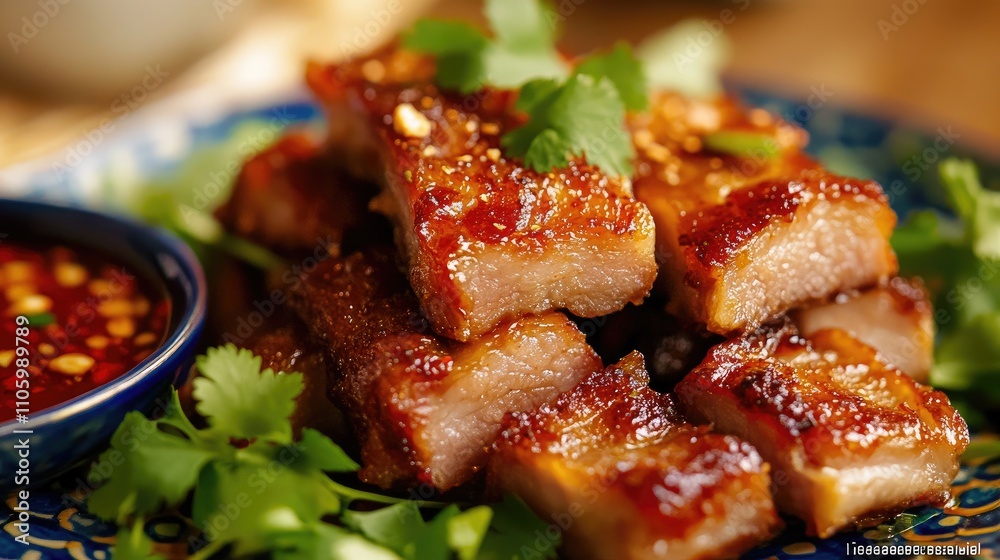 A close-up of crispy Thai roasted pork belly, known as glistening with a golden-brown glaze, served on a vibrant plate with fresh herbs and dipping sauce. A close-up of crispy Thai roasted pork belly, known as glistening with a golden-brown glaze, served on a vibrant plate with fresh herbs and dipping sauce.