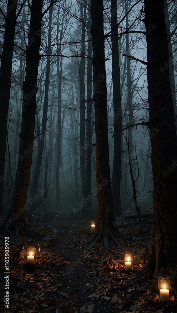 Fototapeta premium Eerie forest decorations creating a haunting ambiance.