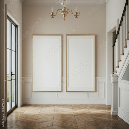 Bright entryway with two blank frames, chandelier, and staircase