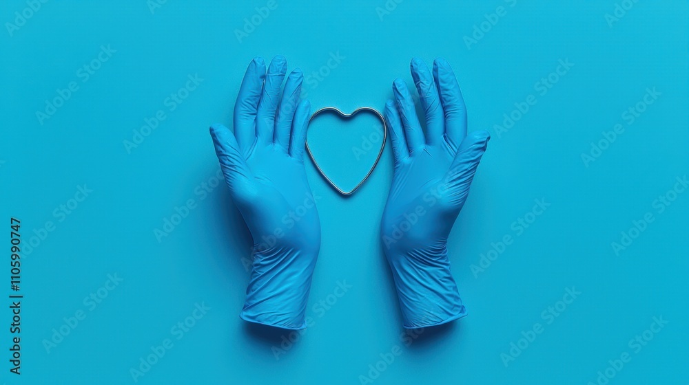 Two blue-gloved hands form a heart shape with a rubber band against a vibrant blue background, symbolizing care and health. Two blue-gloved hands form a heart shape with a rubber band against a vibrant blue background, symbolizing care and health.