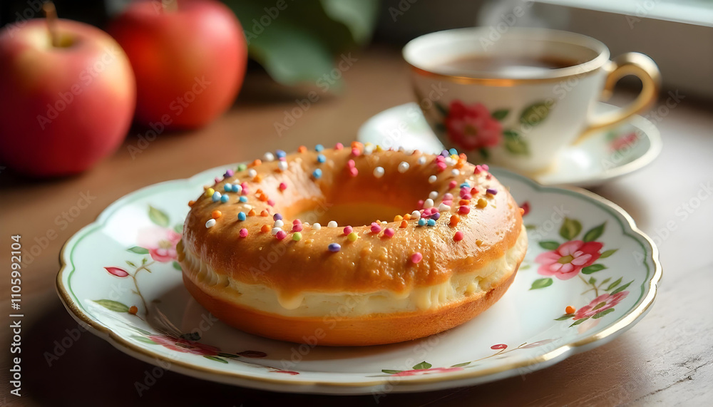 Bird's eye view of soft apple cider donuts, decorated with colorful sprinkles, served on a vintage floral plate, with a steaming cup of apple cider in the background.