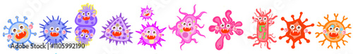 Bacteria and germ in circle. Bacterias, disease cells and germs in round frame. Human diseases cartoon vector illustration set. Bacteria biology, bacterium virus, microorganism infection