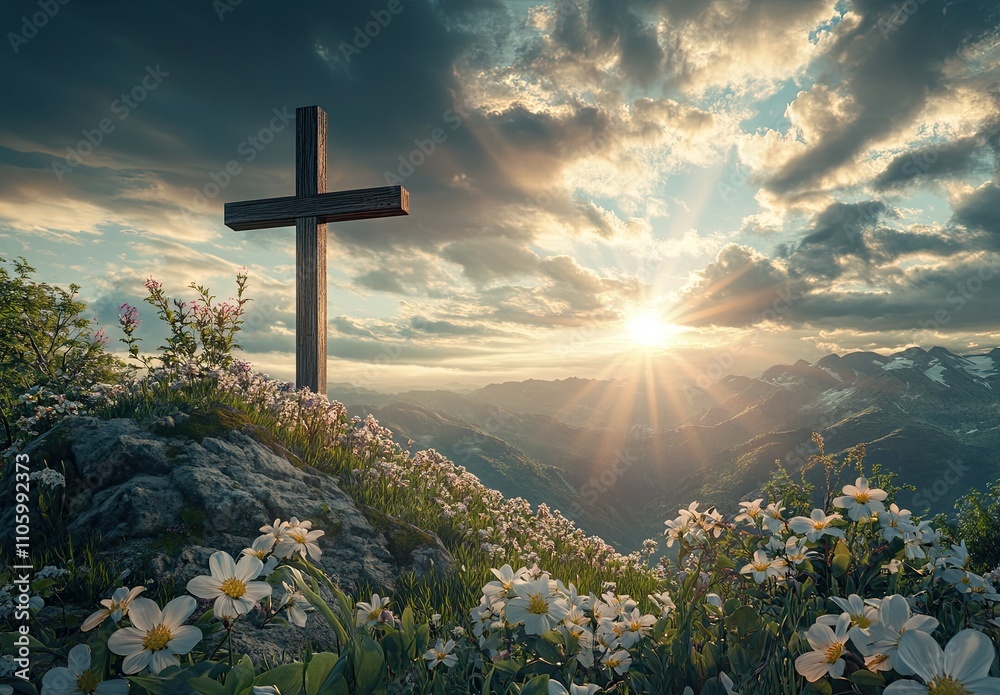 Wooden Cross on Mountain with Sunset Background