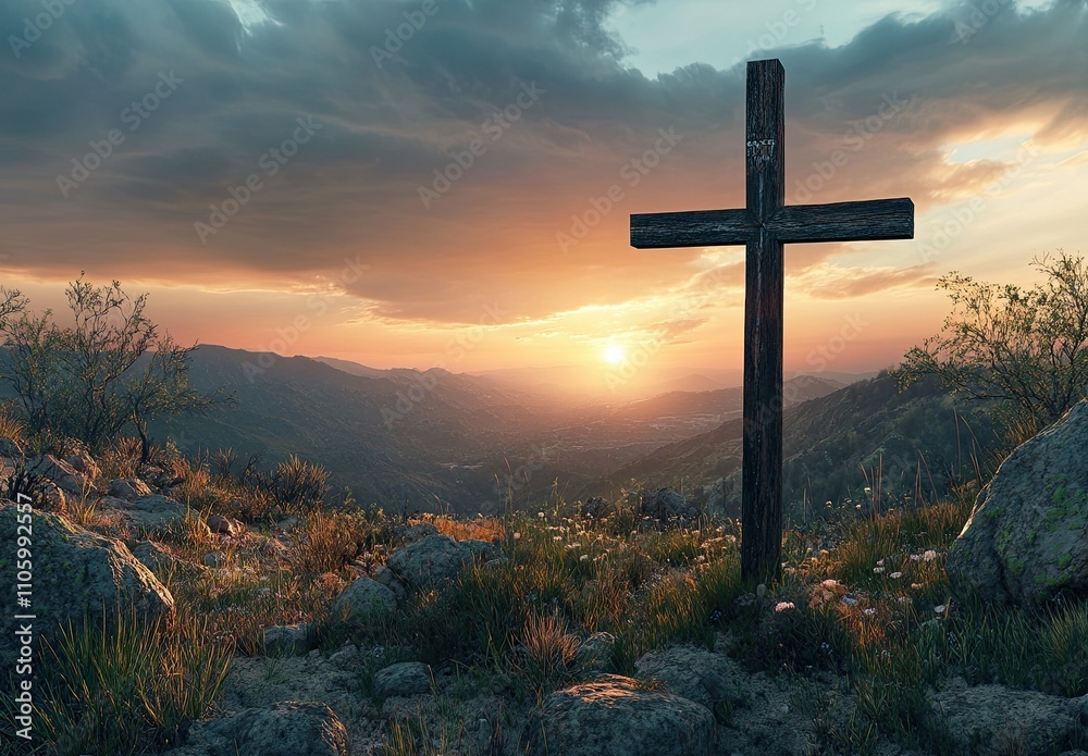 Wooden Cross on Mountain with Sunset Background Wooden Cross on Mountain with Sunset Background