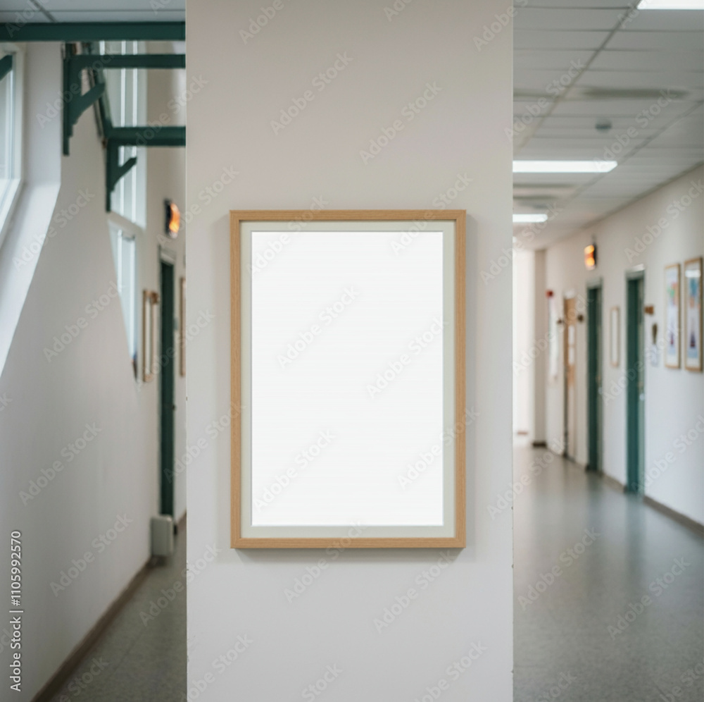 Simple Wooden Frame Display in Bright Office Hallway Simple Wooden Frame Display in Bright Office Hallway