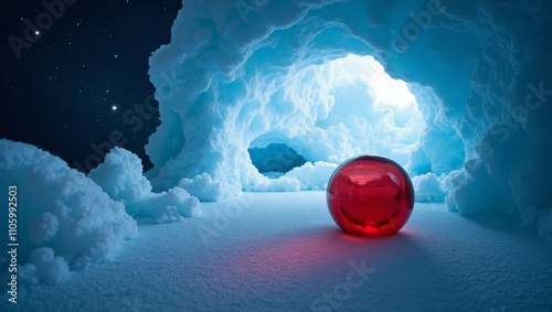 red glass globe in an icecave at night photo